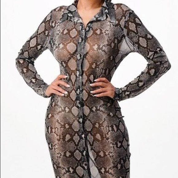 Maxi mesh dress with collar / snake print - Picture 2 of 4